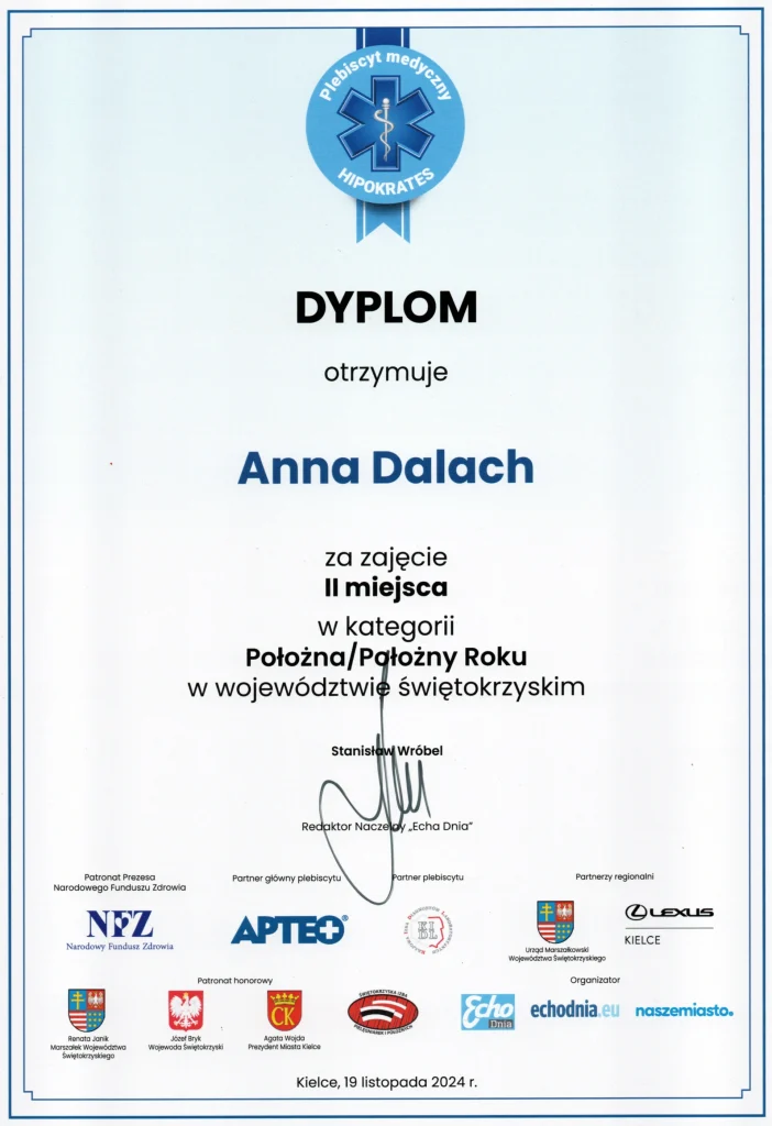 Anna Dalach-Dyplom za zdobycie II miejsca na gali hipokrates